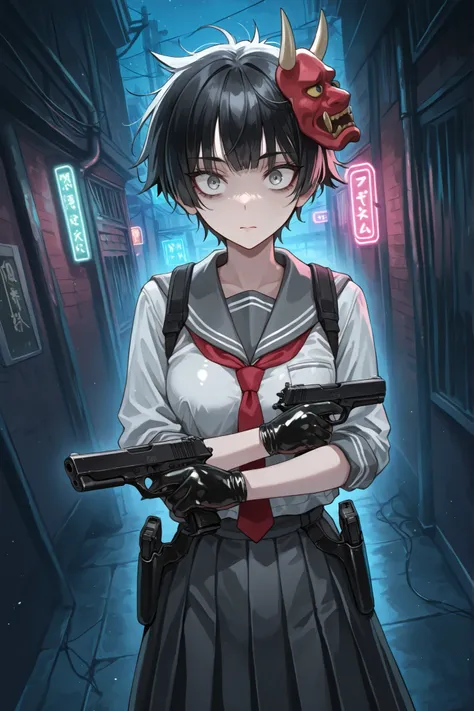 1girl, white oni mask, (disheveled hair), empty expression, unreadable expression, (closed mouth), staring, sukeban, sanpaku eyes, grey eyes, black hair, tomboyish cut, very short hair, spiky hair, oni mask on side of a head, Japanese school uniform, sailo...