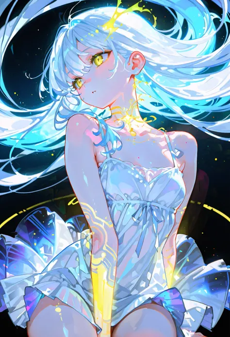 masterpiece, best quality, good quality, very aesthetic, holographic skinlong hair, glowing hair, flowing hair,vibrant colors, girl, yellow eyes, white hair, bright atmosphere, white dress