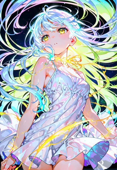 masterpiece, best quality, good quality, very aesthetic, long hair, glowing hair, flowing hair,vibrant colors, girl, yellow eyes, white hair, bright atmosphere, white dress