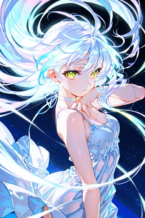 masterpiece, best quality, good quality, very aesthetic, long hair, glowing hair, flowing hair,vibrant colors, girl, yellow eyes, white hair, bright atmosphere, white dress