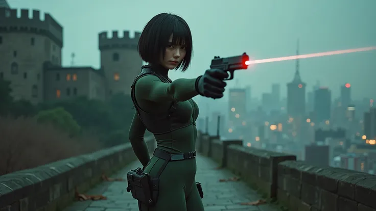 (masterpiece, Exceptional Quality, Mirror-like, cinematic experience, deep-v absaudress), 8k, wallpaper, (1girl), (Motoko Kusanagi), (((((knee level medium:1.8 shot))))), medium-breast:1.3 slim body, slim face, cleavage:1.4, side boob, (((detailed knee))),...
