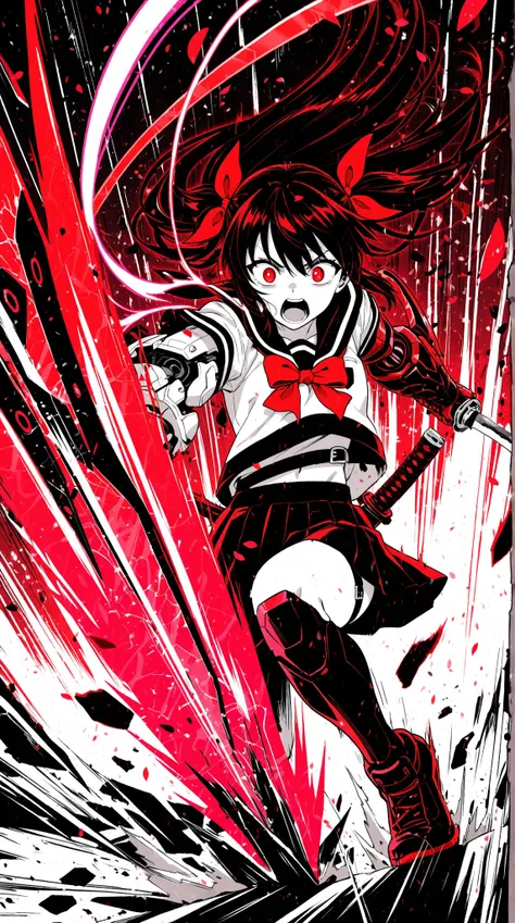 A cyber-enhanced Japanese high school girl unleashes a high-speed slash with her glowing katana, her mechanical right arm in full overdrive mode, glowing with streaks of red energy. Her body twists mid-air, skirt and ribbon flying wildly as she cuts through the air with explosive speed. The camera captures the motion from a dramatic low angle, with dynamic motion blur trailing behind her blade. Her expression is fierce, mouth slightly open as if shouting. The background is a shattered battlefield with cherry petals and debris spinning in the air, caught in the shockwave.  
Dynamic lighting, intense action blur, cinematic motion, glowing edges on the katana and prosthetic arm, anime-style explosive force lines, ultra-detailed uniform and metallic textures, 1/7 scale figure realism with extreme kinetic energy.
