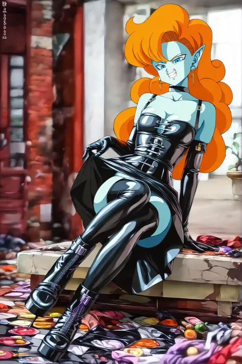 (((sitting cross-legged)))、、、Queen、、(((1 person)))、(((solo:1.8)))、(((black latex elbow gloves:1.4)))、(((black latex corset dress:1.4)))、(((corset dress is decorated with beautiful lace)))、(((Corset Dress with Shoulder Straps)))、(((black latex tight miniski...