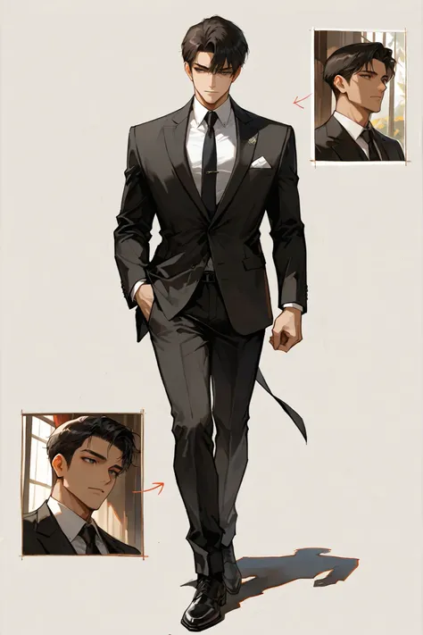 ( score _9,  score _8_comfort), short hair, masterpiece, top quality,  Exquisite line drawing impression of 1 man wearing suit , Dark Hair입니다 , full body photo，perfect face ,  dark circles ,  handsome man  , alone, adult male , comfortper body , Exquisite ...