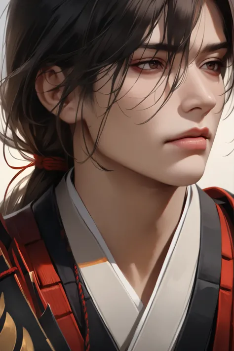 1 male,dark haired,Tie a long ponytail in a high position with a red string,Hide half of your face on the side of Hannya,very handsome,Japanese armor costume,tight mouth, beautiful expression,Realistic,Portrait,