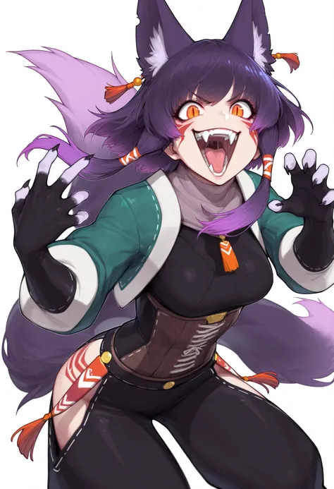 gorgeous kitsune girl, beautiful face, playful pose, kitsune, hair of purple gradient fading to white, fur covered body, short fur on body, claws, hunter girl, orange eyes, red slit pupils, personalami style, volputrous body, medium breasts, slim and athle...