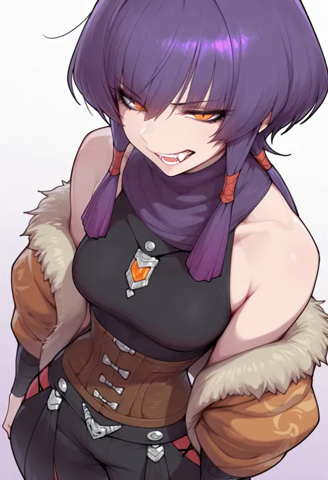 gorgeous beautiful face, playful pose, hair of purple gradient fading to white, hunter girl, orange eyes, half closed eyes, red slit pupils, personalami style, volputrous body, medium breasts, slim and athletic, short hair, adventurer jacket, buggy pants, ...