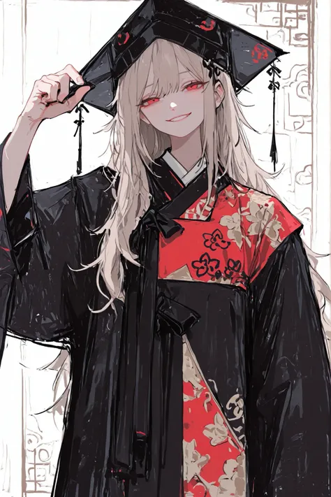 A confident man wearing a black gat (traditional Korean hat) and a black hanbok with red embroidery, holding a red fan in one hand. He has light brown hair, red eyes, and a self-assured smirk. His posture is arrogant and composed, exuding an air of superio...
