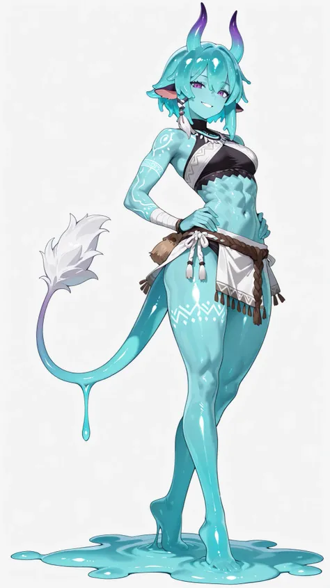 ((Masterpiece)), ((better quality)), sfw, solo, Horns, humanoid slime with a gelatinous shape, slime of a brilliant turquoise blue tone, slime Cattle ears and tail, transparent slime body, slime hair, toned body, abs, purple eyes, Fierce Smile, white triba...