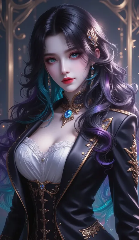 (masterpiece, detailed:1.2), Voluptuous woman, mature woman, fierce woman, gradient hair, long hair, voluminous hair, emerald eyes, glossy lips, gothic, thick eyelash , black hair, gold gradient highlight, dark hair, multicolored hair, colored inner hair, ...