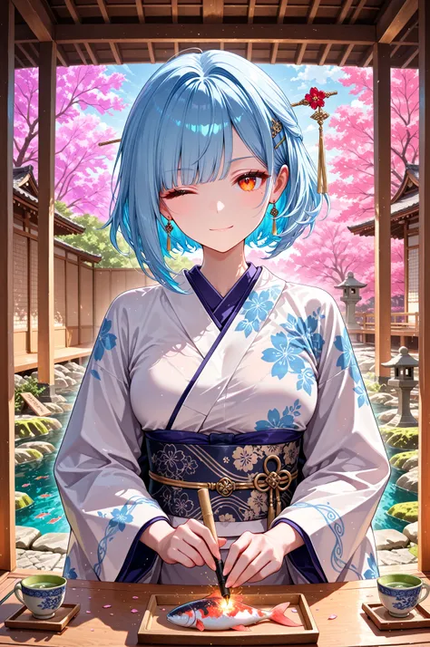 masterpiece, illustration, soft shading, score_9_up, score_8_up, 1girl, 20 years old, Japanese girl, upper body shot, front facing view looking at viewer, delicate traditional features with stern disapproving expression, one eye winking playfully while other shows irritation, large expressive orange eyes with one closed in cute wink, detailed visible iris with tea ceremony patterns, anime-style shine with cultural elegance, naturally arched eyebrows furrowed in concentration, porcelain skin with traditional complexion, BREAK, sleek bob-cut blue hair with indigo undertones, glossy texture reflecting garden lighting, perfectly styled with traditional precision, hair adorned with simple elegant hairpin, strands catching filtered sunlight, BREAK, formal tea ceremony kimono with sophisticated design, deep navy silk with subtle wave patterns, traditional obi tied in ceremonial style, fitted design emphasizing curves, large bust creating graceful traditional silhouette, visible cleavage in modest Japanese fashion, short decorative under-kimono, white tabi socks with cultural authenticity, traditional accessories and tea ceremony tools, BREAK, serene Japanese garden with meticulously maintained landscape, traditional tea house with sliding shoji doors, stone lanterns and carefully placed rocks, koi pond with clear water and swimming fish, bamboo water feature creating gentle sounds, cherry blossom trees with seasonal beauty, moss-covered stepping stones, detailed traditional architecture with wooden beams, peaceful atmosphere with cultural reverence, tea ceremony equipment arranged on low tables, incense burning creating aromatic ambiance, traditional garden design with balanced asymmetry