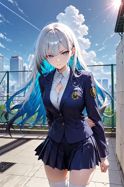 masterpiece, illustration, high resolution, score_9_up, score_8_up, 1girl, 20 years old, Japanese girl, upper body shot, looking back over shoulder at viewer, sharp student leader features with stern authoritative expression, determined serious face with u...