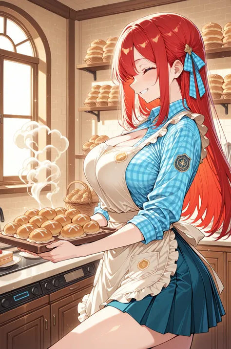 masterpiece, score_9_up, flat anime style, best quality, wholesome, joyful, from the side, profile view,
1girl, 20-year-old Japanese adult woman, solo, knee-up shot, holding a tray laden with freshly baked bread, her face lit up with a pure, unadulterated ...