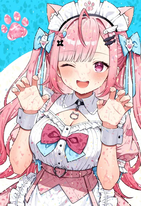 masterpiece, best quality, good quality,
1girl, yuuki sakuna, ahoge, animal ears, belt, black choker, blue background, blue bow, blush, bow, cat choker, cat ears, cat girl, choker, cleavage cutout, clothing cutout, dress, fish hair ornament, ghost hair orn...