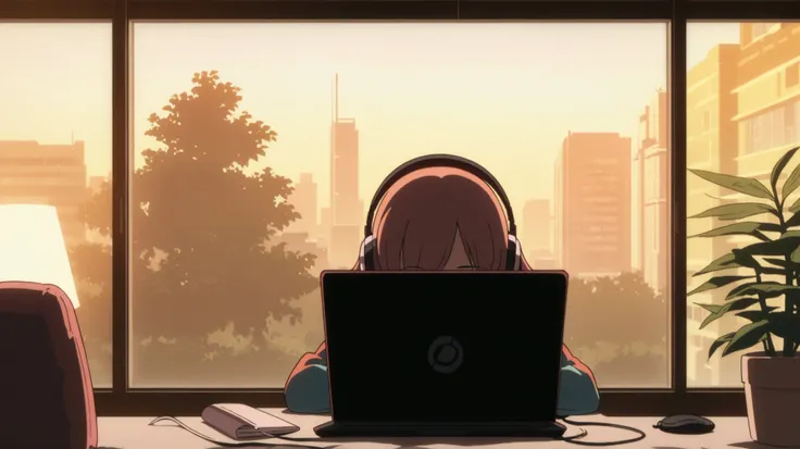 a girl using a laptop at night near a large window, warm light inside, city lights outside, headphones on, surrounded by houseplants and cozy decor, anime style, lofi aesthetic, soft glow, cinematic framing

