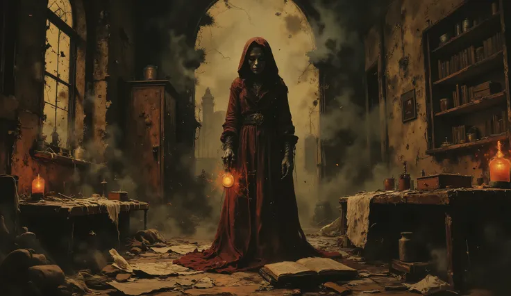 Surreal horror, ethereal apparition, abandoned house, dilapidated, darkness, shadows, haunting art, high detail, masterpiece.