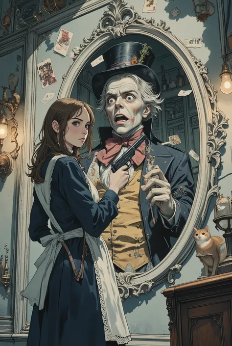 Stylized illustrative digital image of Victorian schoolgirl Alice, who stands next to a large antique oval mirror, Alice holds a small pistol in her hand, the muzzle of the pistol rests against the chest of the Mad Hatter, who is inside the mirror. Alice i...