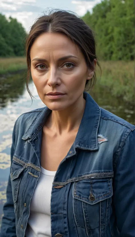 Woman 40 years old, expressive wrinkles, eye bags, в джинсах и washed navy denim jacket, despair , drowns in a swamp from sludge, high quality, photorealistic, detailed, 4k, hdr, studio lighting,