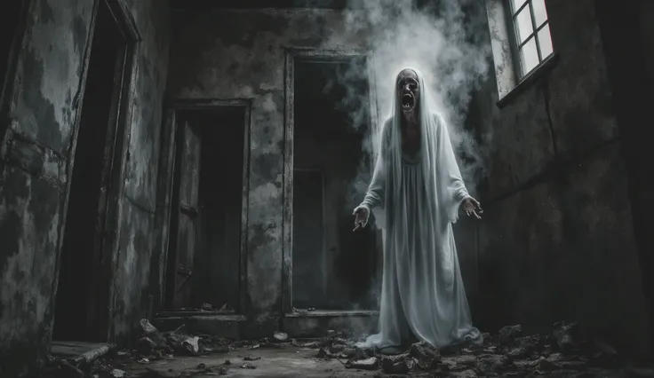 Surreal horror, ethereal apparition, abandoned house, dilapidated, darkness, shadows, haunting art, high detail, masterpiece.