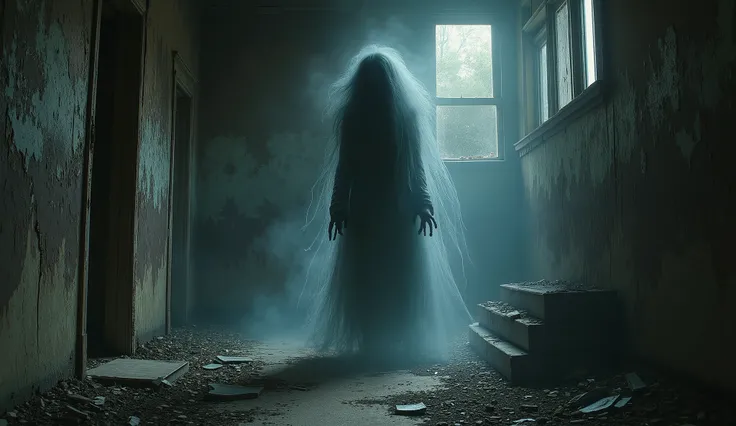 Surreal horror, ethereal apparition, abandoned house, dilapidated, darkness, shadows, haunting art, high detail, masterpiece.
