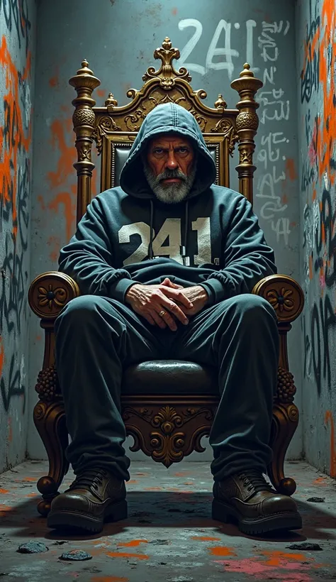 White guy in brutal street glasses wearing hoodie inscribed with word "Mr. Alu", sitting in the king's chair in the street, graffiti with text on picture "241"