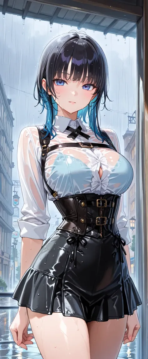 (((masterpiece)))、((top quality))、(Super Detailed)、(CG illustration)、(so beautiful ))、 cinematic light 、(((1 mechanical girl)))、 sf、Apocalypse、Erotic and grotesque、battlefield(Beautiful and luxurious:1.2)、(1 girl:1.3)、facing the front, (Double Breasted,Underbust:1.2), button gap,((( CORSET BELTS ,chest harness))),(((high waist micro mini skirt,)))((see-through))rain,Sexy Poses,((Clothes that show side breasts ))wet hair