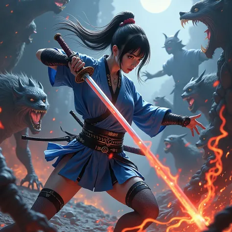 .Photorealistic..high resolution..1 girl (kunoichi) Bounty Hunter.. samurai sword..Very beautiful woman ((katana)).Murasame.((切先 fukura)) ((反り) (刃文) (tsukamaki tsuba).Demon slash..Monster slash..Ghost slash..Evil thoughts slash..Famous Sword Murasame..((Al...
