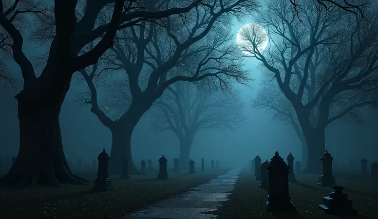 Abandoned graveyard, Gothic cemetery, nighttime, darkness, eerie shadows, twisted trees, foggy, surreal horror, haunting art, high detail, masterpiece.