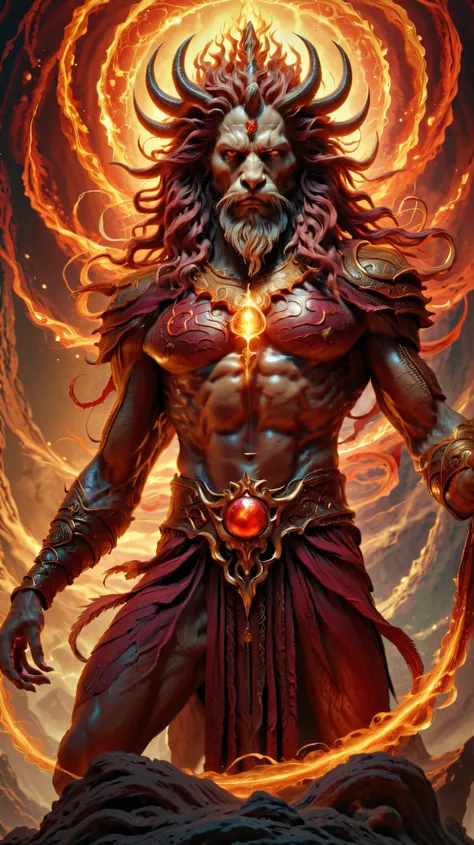 Devil as Samael, Demiurge, Lord of the material, Yaldabaoth, spiritually blind master of gross matter, Divine titan twisted by evil, face of a lion, chest of a man with lion hair, lower body looking like the long tail of a serpent, with half flame, and hal...