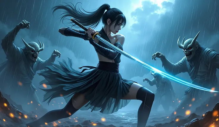 Photorealistic..high resolution..1 girl (kunoichi) Bounty Hunter.. samurai sword..Very beautiful woman ((katana)).Murasame.((切先 fukura)) ((反り) (刃文) (tsukamaki tsuba).Demon slash..Monster slash..Ghost slash..Evil thoughts slash..Famous Sword Murasame..((All...