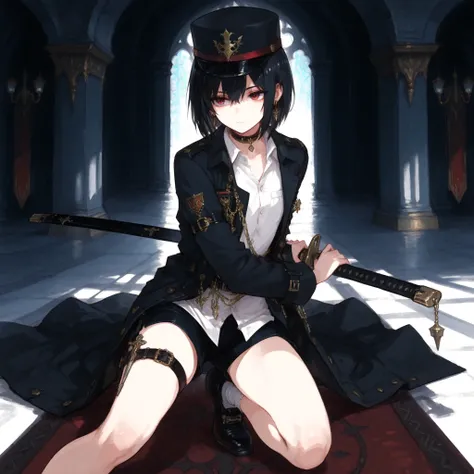 ((best quality with lamp)), ((masterpieces)), (detailed), Perfect Face, SOLO, ((femboy)), tomgirl, ANIME, beautiful detailed eyes, BOB hair, BOBed hair, black hair, RED EYES, BARE thighs, (((BARE LEG))), ((BLACK short pants)), (((white dress shirt))), ((Fl...