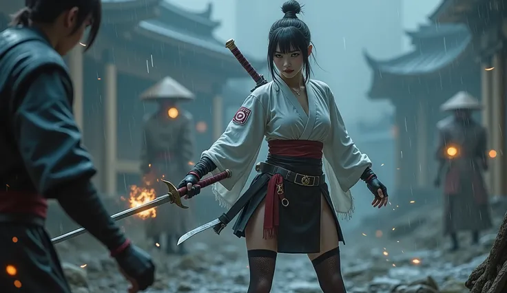 Photorealistic..high resolution..1 girl (kunoichi) Bounty Hunter.. samurai sword..Very beautiful woman ((katana)).Murasame.((切先 fukura)) ((反り) (刃文) (tsukamaki tsuba).Demon slash..Monster slash..Ghost slash..Evil thoughts slash..Famous Sword Murasame..((All...