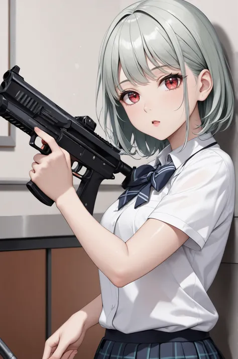 a beautiful adult woman, schoolgirl, shooting the high-performance gun, holding her one hand, solo, Clear red eyes, Delicate green hair, \schoolgirl:0.0\, Fine, silky, glossy skin, 