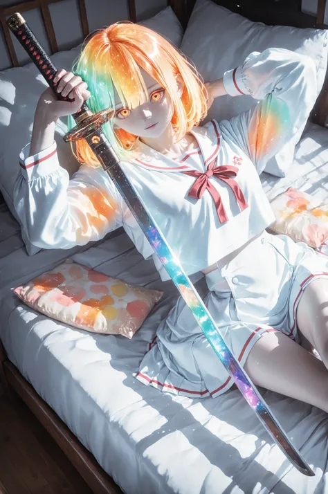 girl in a Japanese scarlet school uniform with a sailor, is holding bloody shuryukens, behind her katana, short mustard-colored hair and bright orange eyes, pillows, 8k, professional, photorealistic, high definition, deep study, detailed lighting, immersio...