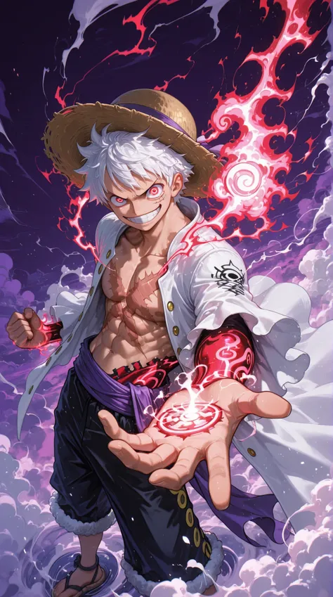action pose, energy overload, full vfx, dynamic angle, masterpiece, best quality, solo, 1boy, Monkey D. Luffy (Gear 5), One Piece, immense power, reaching towards viewer, foreshortened giant hand, white hair, straw hat, joyful grin, glowing red eyes, white...