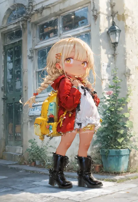 
young blonde girl, braids, ノースリーブ、カジュアルな服、 high heel boots, accurate, anatomically correct,exquisite digital illustration, tanlines ,tan, ネコスライム