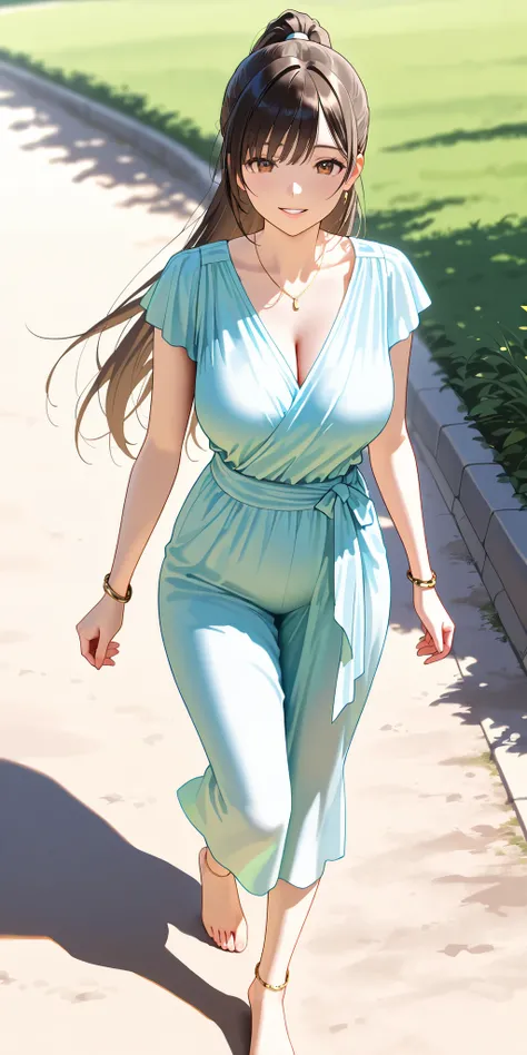Masterpiece, newest, vibrant, very aesthetic, high contrast, beautiful girl, straight hair, high ponytail long hair, parted lips, smile, perfect body, big breast, saree, bracelet, anklet, bare foot, full body, walking, meadow, park, best quality, realistic...