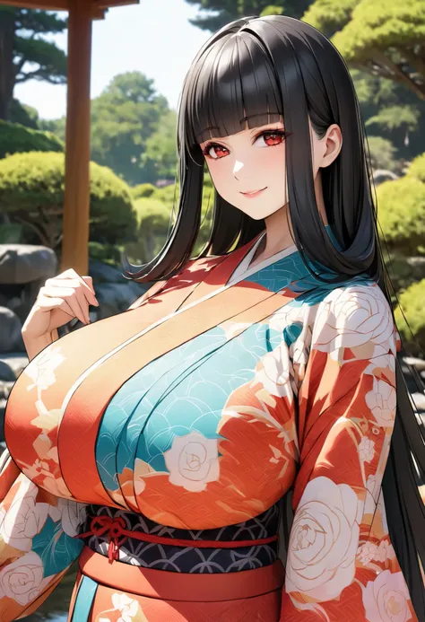 (masterpiece, 8k, Ultra High Resolution, absurd:1.2), 1 Japanese woman, (long black hair, blunt bangs), Beautiful Character Design, Perfect Contrast, Japanese-style pattern with an anatomically accurate, perfect face, Beautiful and delicate eyes, expressive eyes with tongue, Red Eyes, (Smile Yan:1.2), ( bright colored kimono), (saggy huge breasts:1.1), (pretty shaped ), thin waist, wide hips, standing, Model-Like Pose, At the Japanese Garden, upper body
