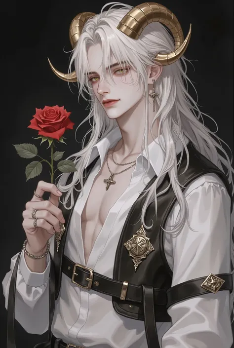 man, white long hair, Middle Ages, Western style, gold eyes, a pair of gold dragon horns, dark background up to the face only, smiling mouth, 미boy, boy, holding a rose,  in a Dark Cave 