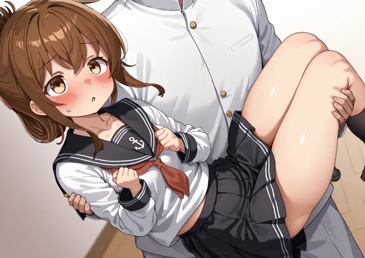 1girl, inazuma \(kancolle\), brown hair, folded ponytail, long hair, brown eyes
anchor symbol, black sailor collar, long sleeves, neckerchief, school uniform, serafuku, pleated skirt, black skirt, black socks, loafers,thick thighs,princess carry, hetero, c...