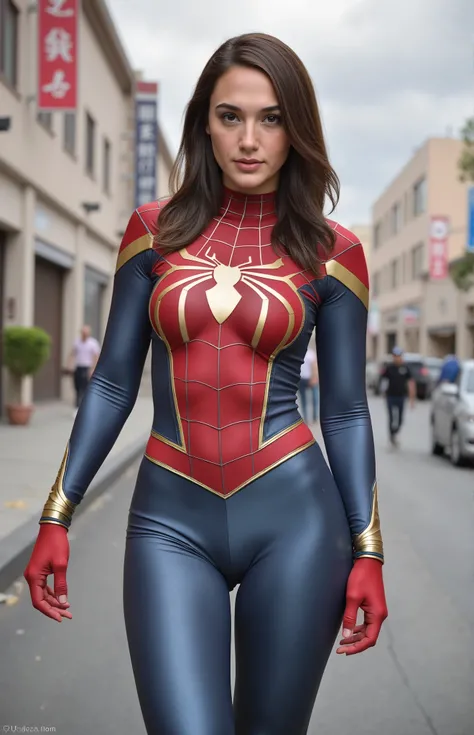  young gal gadot as spiderman from the avengers. masterpiece. high quality. red blue gold spiderman costumes. small breast. ultra small chest. small breasts. 1 girl. high school, 3 chinese cute young girls and nude friends. beautiful faces. side back posin...