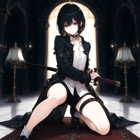 ((best quality with lamp)), ((masterpieces)), (detailed), Perfect Face, SOLO, ((femboy)), tomgirl, ANIME, beautiful detailed eyes, BOB hair, BOBed hair, black hair, RED EYES, BARE thighs, (((BARE LEG))), ((BLACK short pants)), (((white dress shirt))), ((Fl...