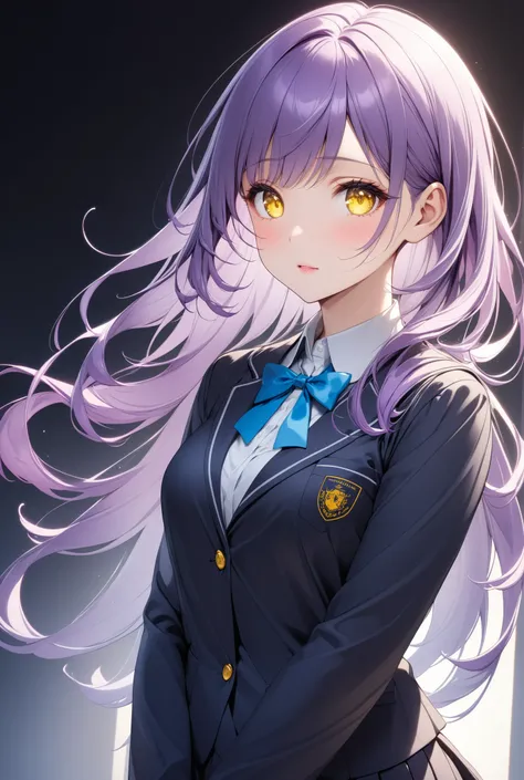a beautiful adult woman, schoolgirl, solo, Clear yellow eyes, Delicate purple hair, \schoolgirl:0.0\, Fine, silky, glossy skin,