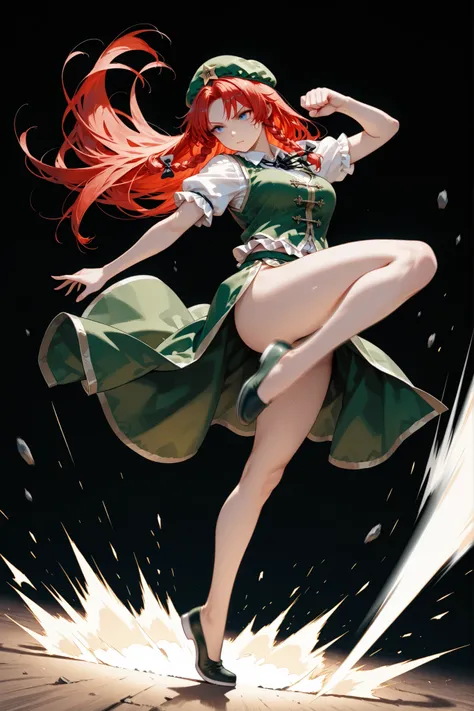 1girl(hong meiling(touhou)), red hair, long hair, twin braids, braid, blue eyes, hat, hat ornament, star hat ornament, shirt, white shirt, short sleeves, vest, green vest, chinese clothes, skirt, green skirt, full body, legs, thighs, kicking, flying kick, ...