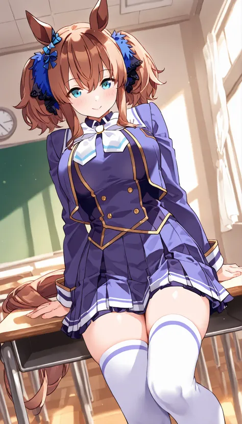 Bold Tact  \(Uma Musume in Uniform\), 1 school girl with pigtails、miniskirt、　open the leg　CLASSROOM　white thighs+++　　very short skirt　The uniform of Torresun Academy