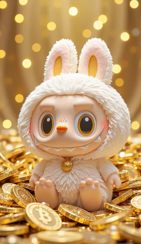Bubble Mart's Zimomo series play,Bubble Mart The Monsters series Zimomo trendy play,white plush rabbit ear shape,big eyes,small fangs,cheeks with blush,in a large number of gold coins pile,coins containing dollar symbol coins,bitcoin style coins,background...