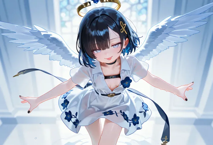 1girl, light lavender eyes, jitome(0.5), dark navy black hair, straight short bob hair cut, Asymmetrical bangs, Bangs that cover one eye, culry hair, flat Breast, white dress shirts, Saintess, small angel wings, long skirts, flower pattern, Choker, bare le...