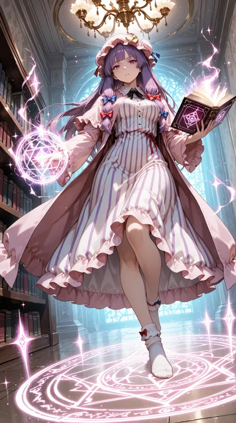 1girl(patchouli knowledge(touhou)), purple hair, long hair, purple eyes, hat, mob cap, dress, white dress, striped clothes, striped dress, pink robe, robe, socks, white socks, book, holding, holding book, magic, glowing, sparkle, sparkles, glitter, magic c...