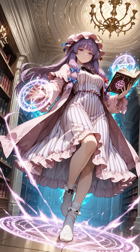 1girl(patchouli knowledge(touhou)), purple hair, long hair, purple eyes, hat, mob cap, dress, white dress, striped clothes, striped dress, pink robe, robe, socks, white socks, book, holding, holding book, magic, glowing, sparkle, sparkles, glitter, magic c...