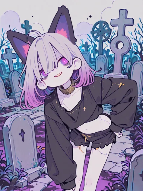 ((Masterpiece)), ((best quality, very aesthetic, absurdres, newest, detailed background, High Definition)), (from above), ((1girl)), cute young girl, (Healthy Gaunt body, Textured skin, small chest, tilt head), ((pale skin)), rusty metal collar, ((spooky c...